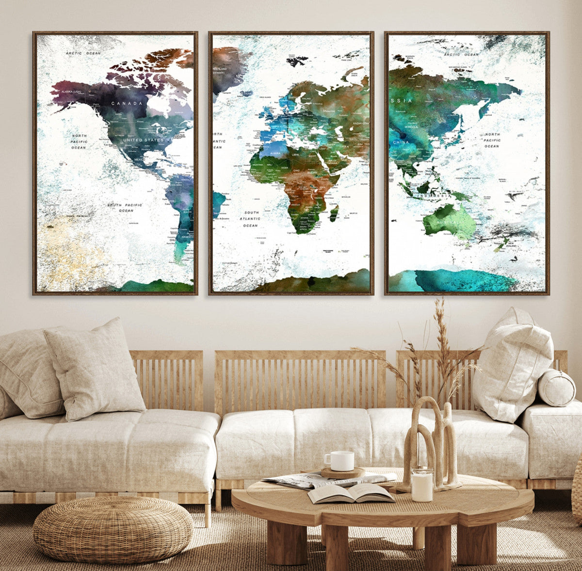 Modern Watercolor World Map Canvas Wall Art – Framed