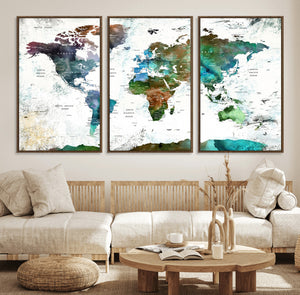 Modern Watercolor World Map Canvas Wall Art – Framed