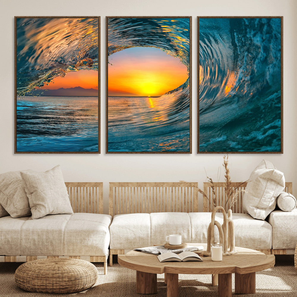 Ocean Wave Sunset Wall Art | Large Coastal Wave Canvas Print