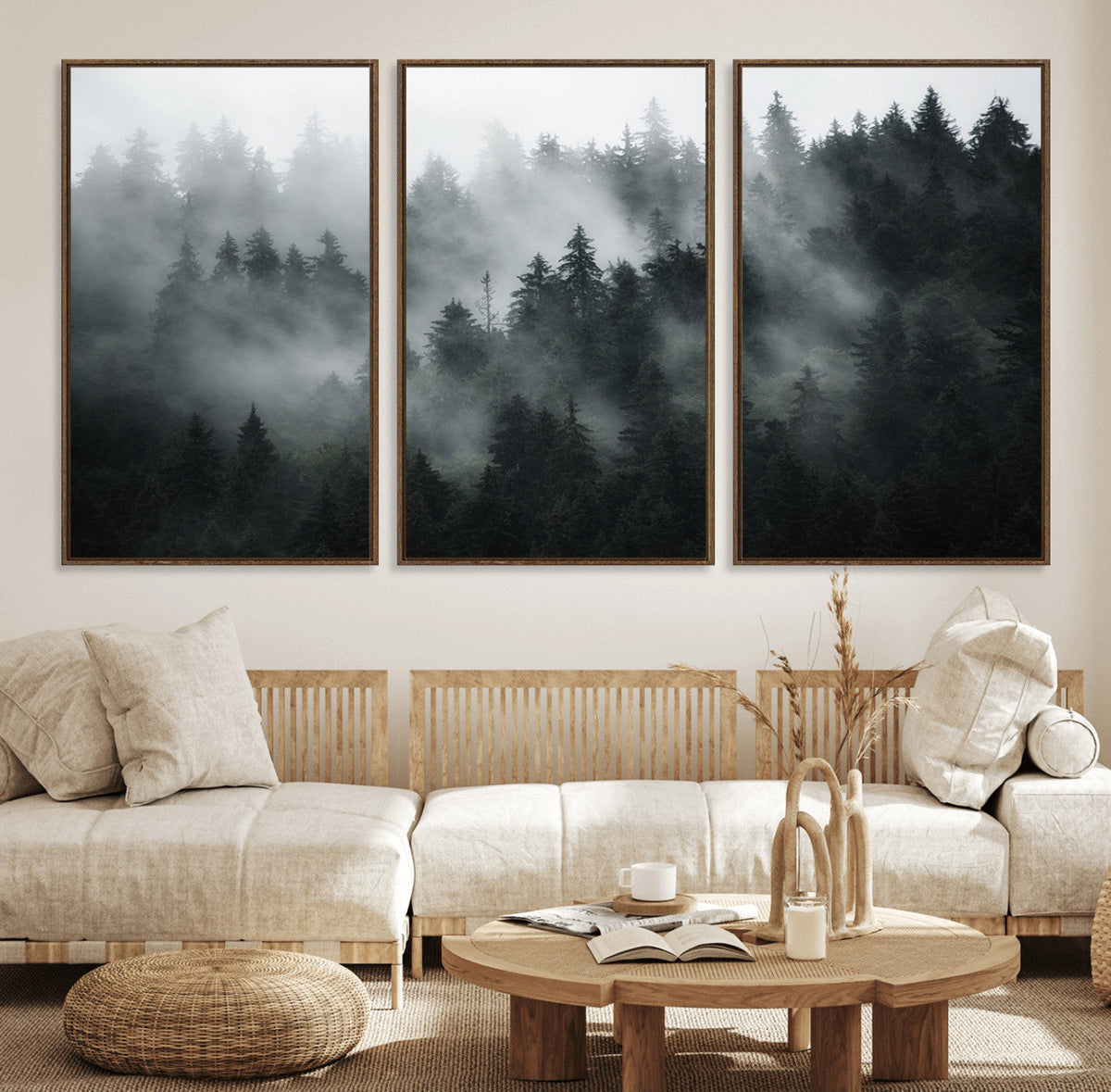 Foggy Forest Wall Art Canvas Print | 3 Panel Large Misty