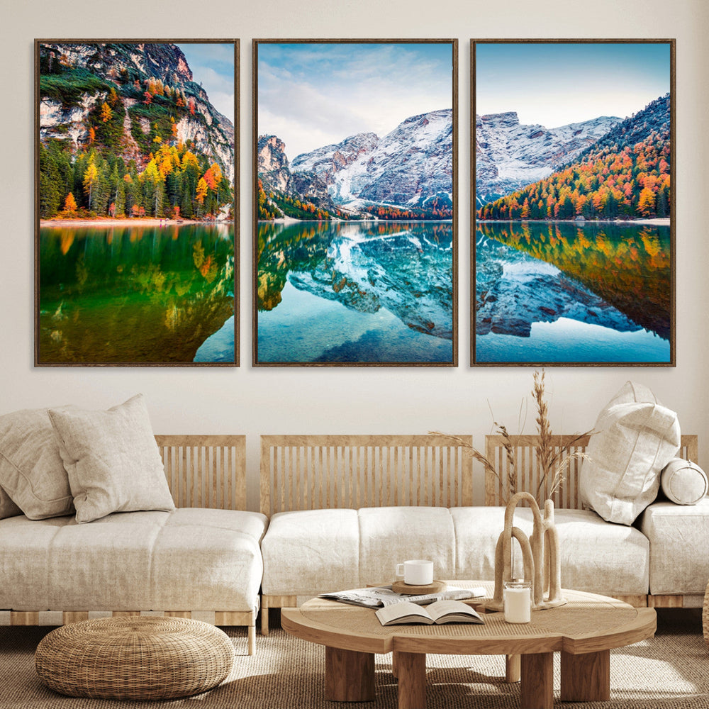 Spectacular autumn view of Braies Lake Wall Art Canvas Print