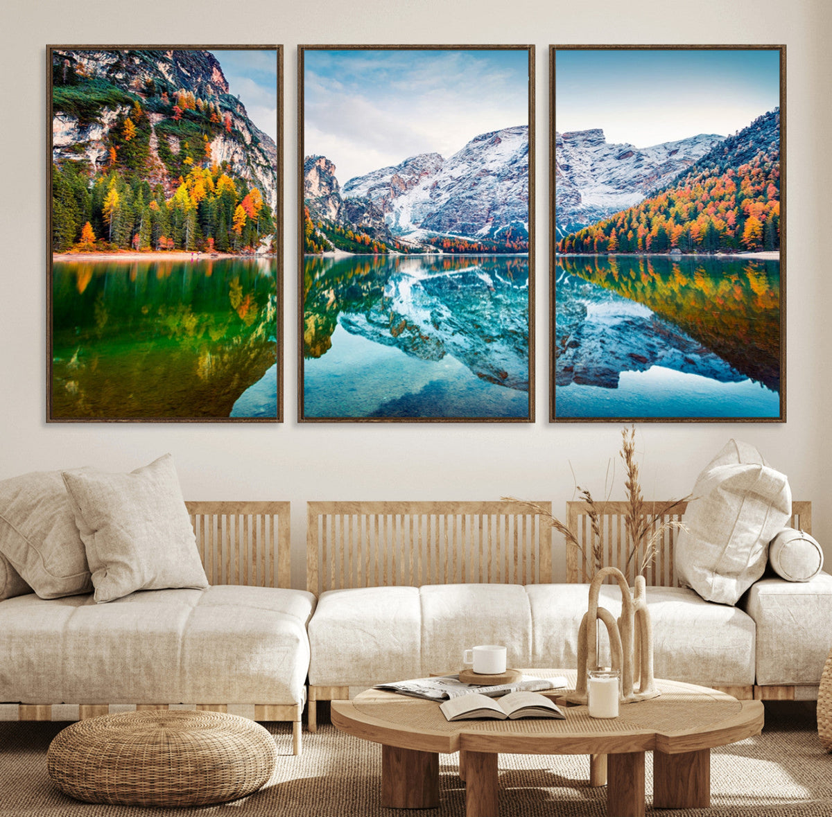 Spectacular autumn view of Braies Lake Wall Art Canvas Print