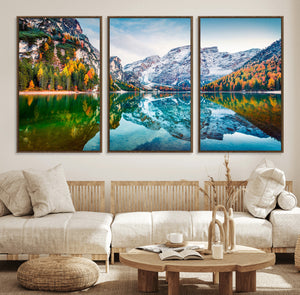 Spectacular autumn view of Braies Lake Wall Art Canvas Print