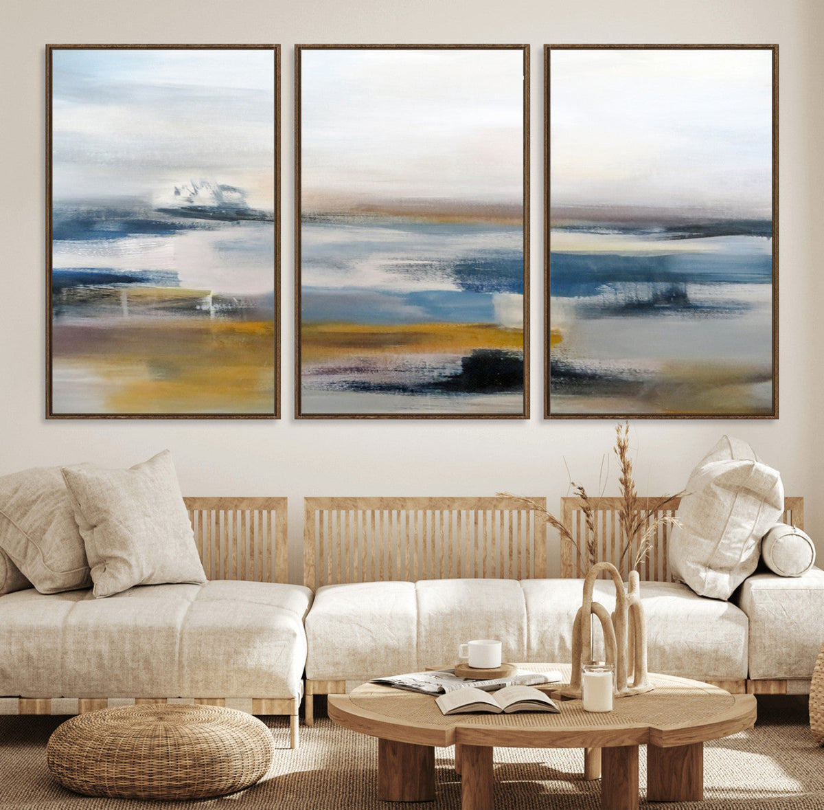 Abstract Landscape Wall Art Canvas | 3 Panel Modern Blue,
