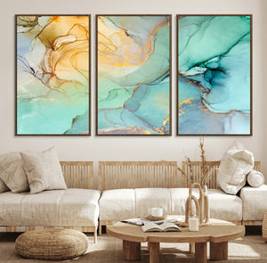 Abstract Aqua and Gold Fluid Wall Art Canvas | 3 Panel Large