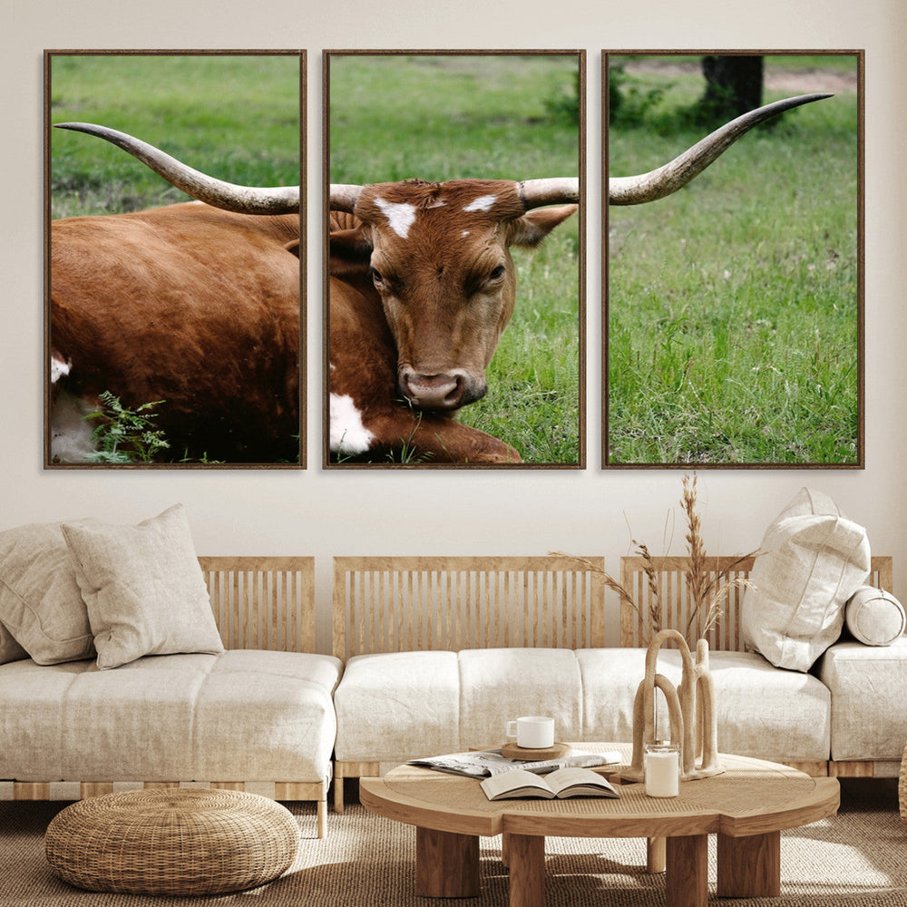Longhorn Steer Canvas Wall Art – Rustic Nature Triptych