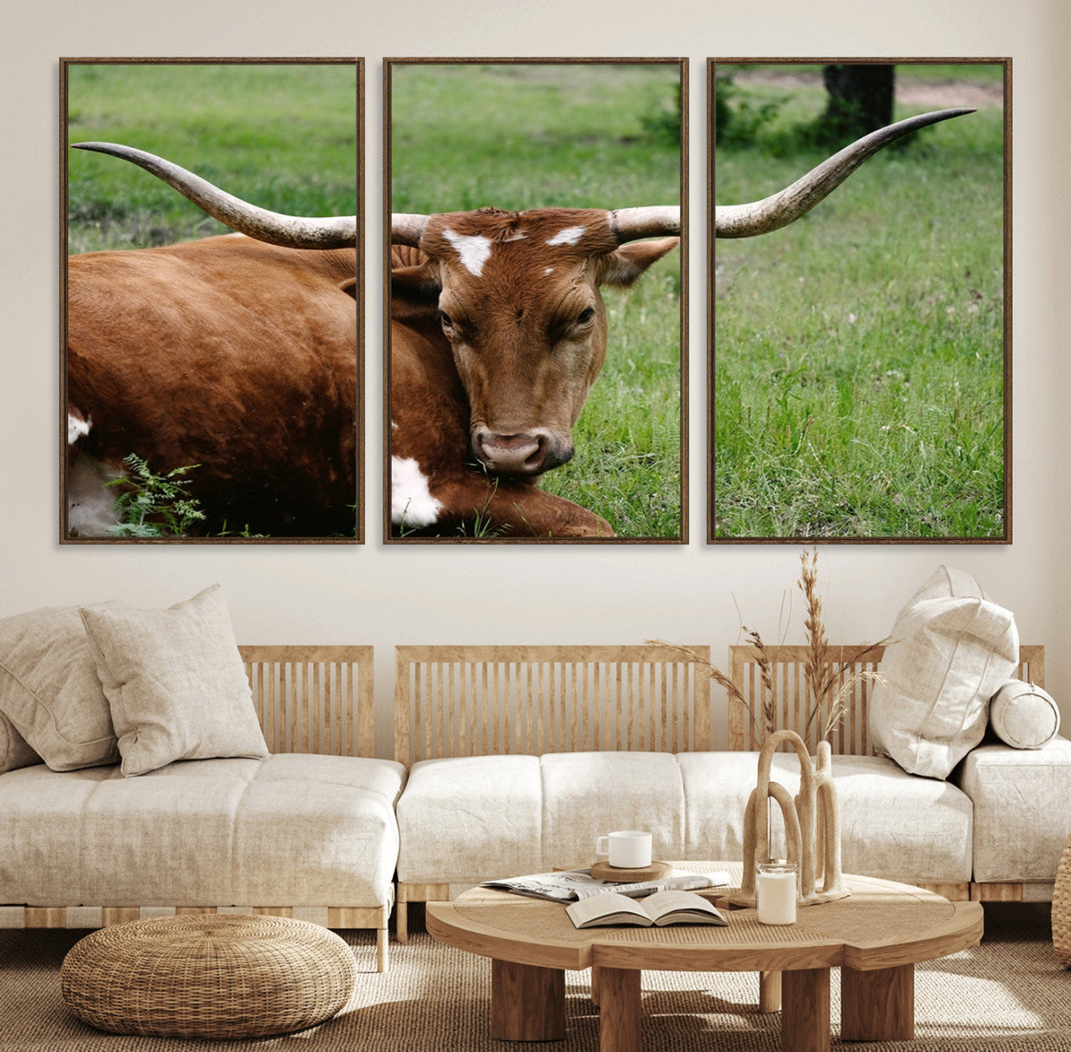 Longhorn Steer Canvas Wall Art – Rustic Nature Triptych