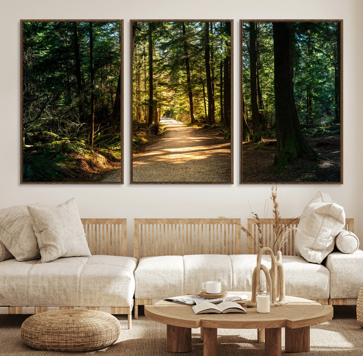 Sunlit Forest Pathway Canvas Print | 3 Panel Large Nature
