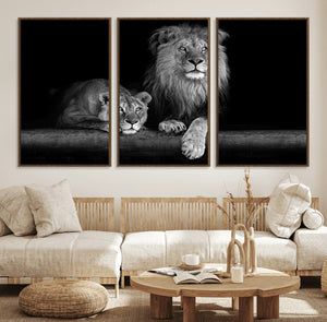 Large Black and White Lion Couple Wall Art Canvas Print –