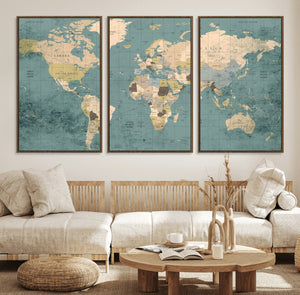Classic World Map Canvas Print – Framed Vintage Map Wall