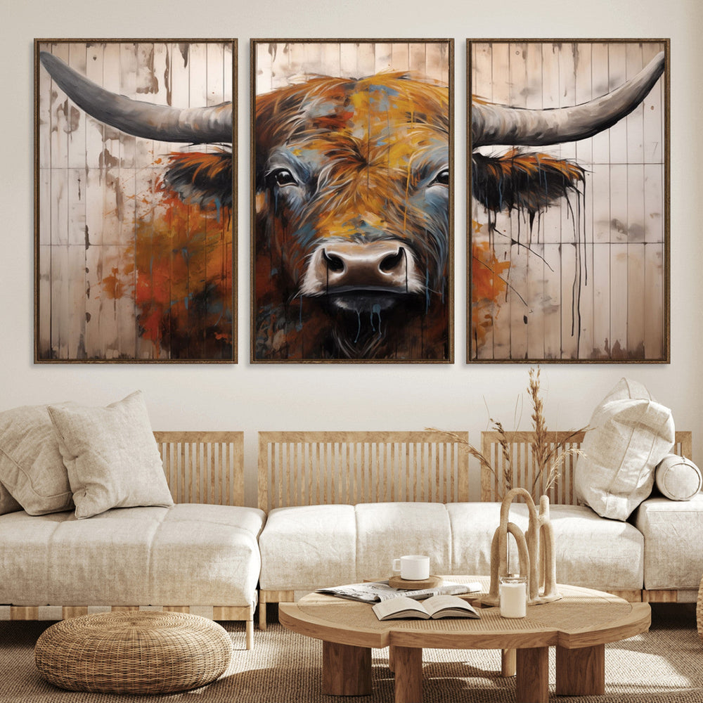 Scottish Highland Cow Cattle Art Print on Wood Style