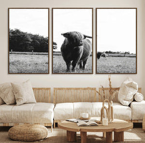 Black and White Highland Cow Wall Art Canvas Print | Rustic