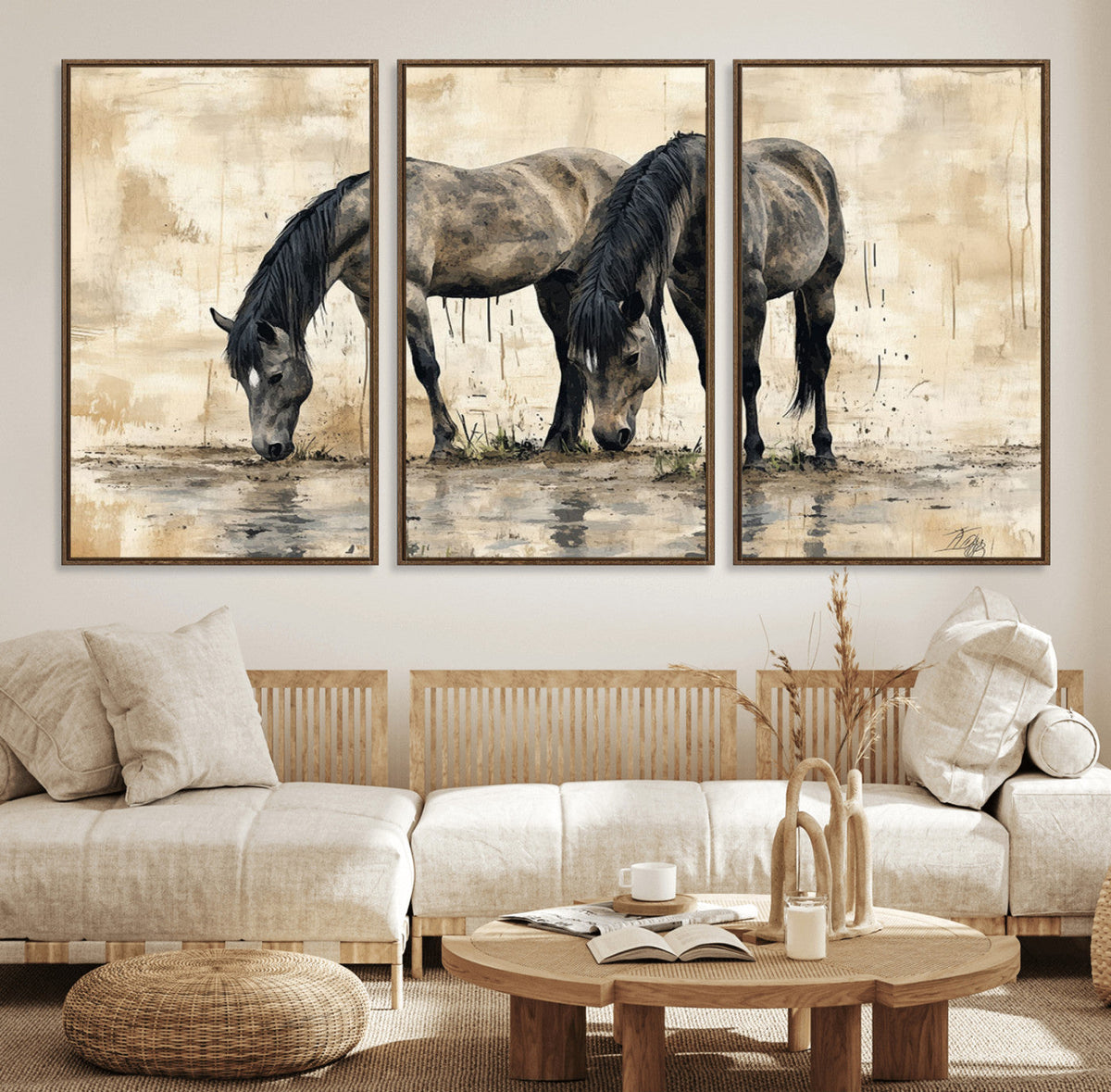 Chinese Style Abstract Black Horses Wall Art Canvas Print -
