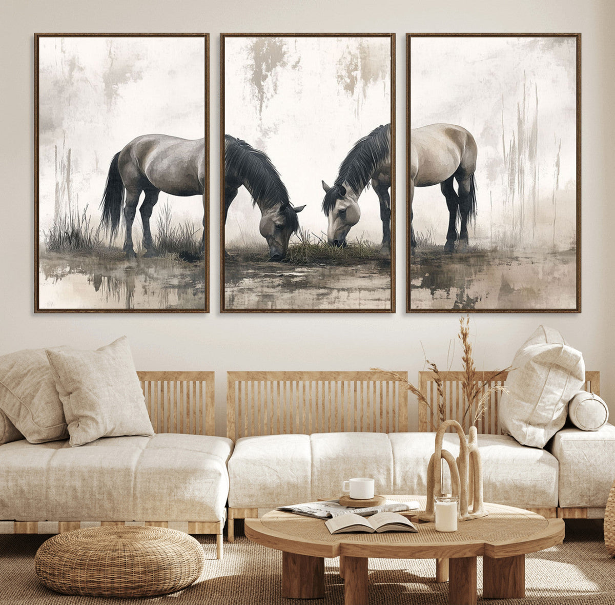 Chines Ink Style Vintage Horses Wall Art Canvas Print for