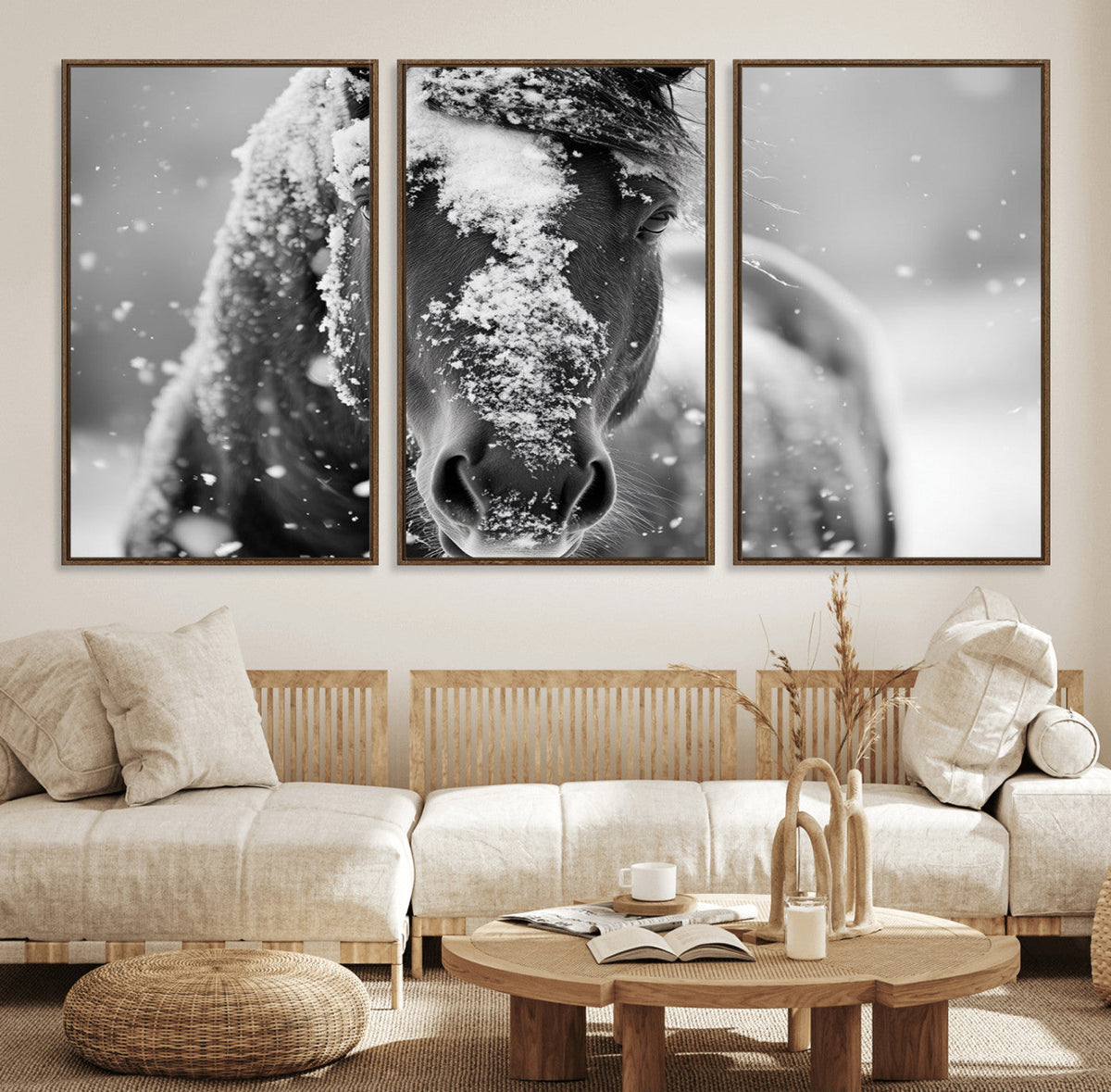 Black and White Horse Winter Wall Art | Ready to Hang and
