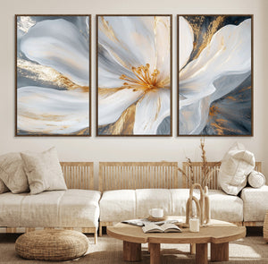 White and Gold Floral Canvas Wall Art - Framed and Ready to