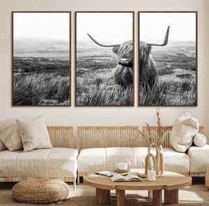 Scottish Highland Cow Wall Art | Black and White Canvas