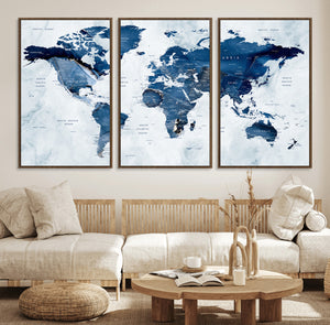 Modern Blue World Map Canvas Print – Framed Wall Art,