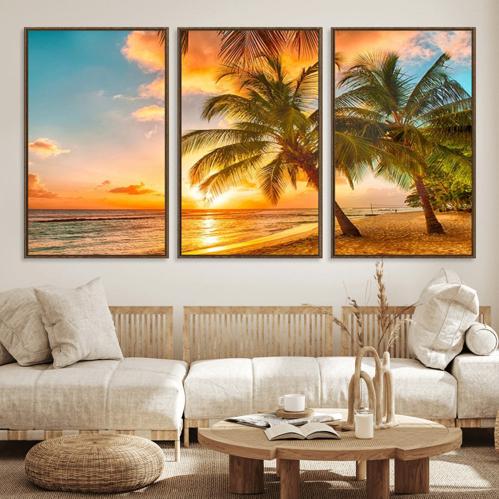 Tropical Sunset Beach Canvas Wall Art Print – Vibrant Palm