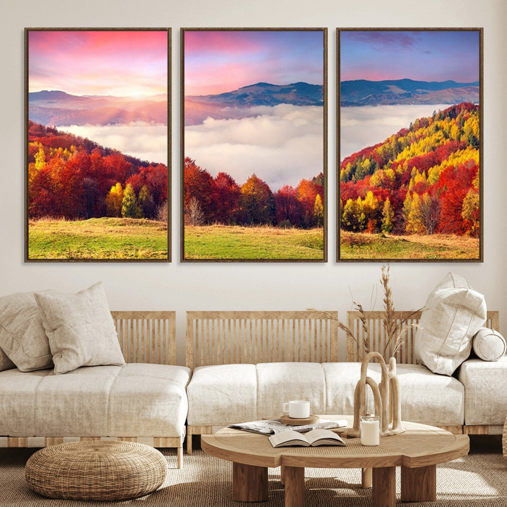Autumn Mountain Foggy Landscape Wall Art Canvas Print |
