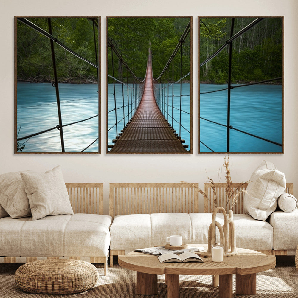 Suspension Bridge Over River Canvas Art | 3-Panel Nature