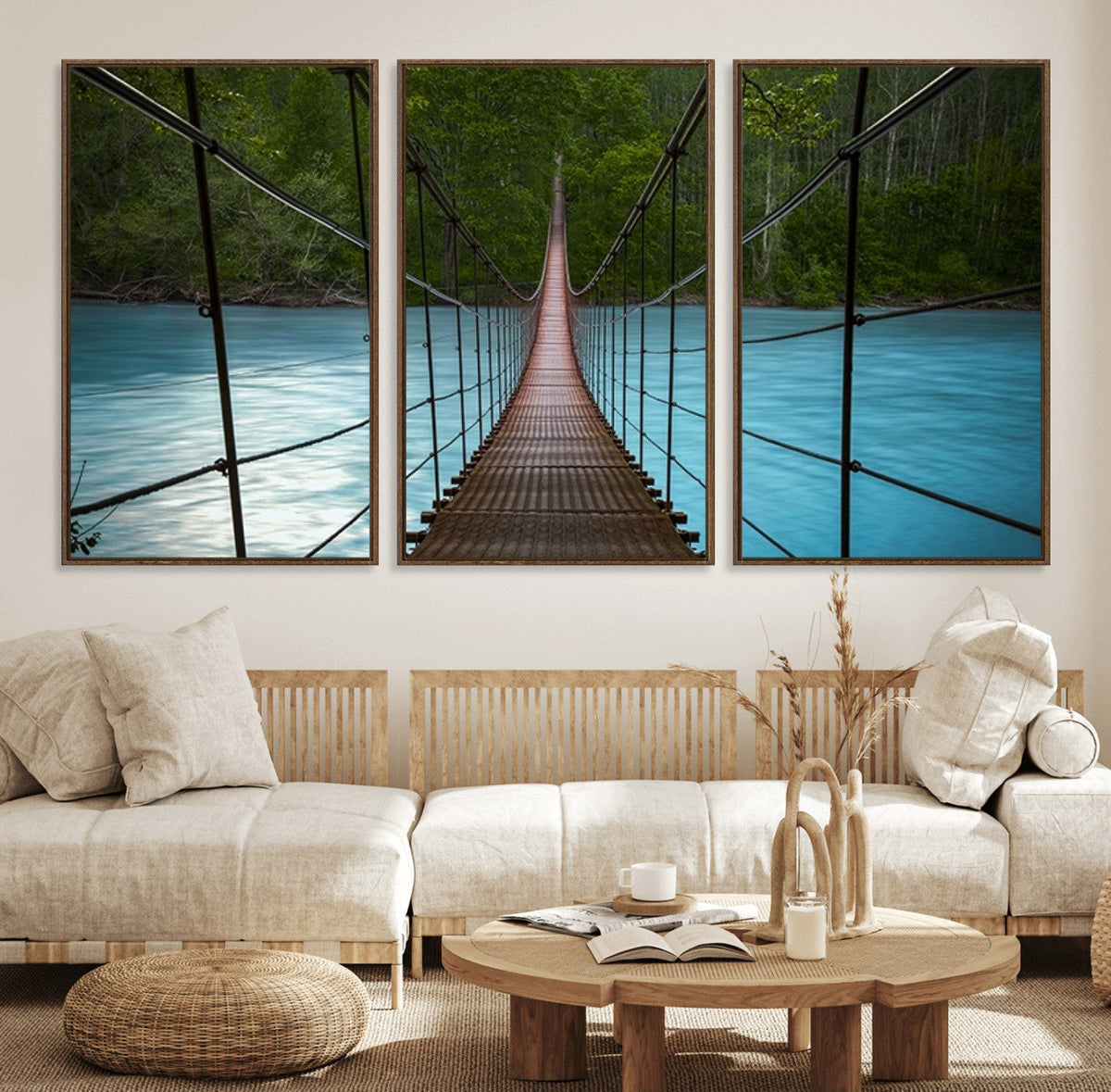 Suspension Bridge Over River Canvas Art | 3-Panel Nature
