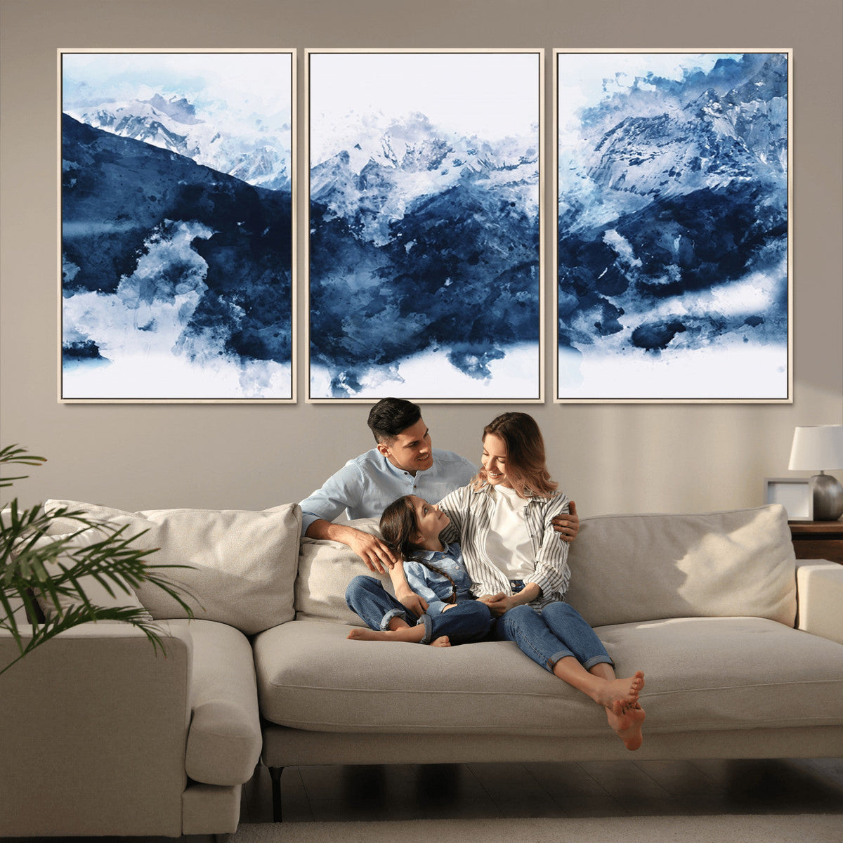 Abstract Blue Mountain Canvas Wall Art – Modern Triptych