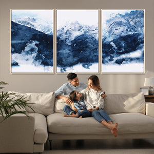Abstract Blue Mountain Canvas Wall Art – Modern Triptych