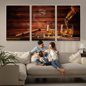 Whiskey and Cigar Wall Art Canvas | 3 Panel Bar Room Decor