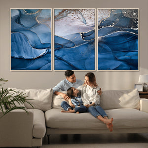 Navy Blue Canvas Art Abstract Print – Elegant Triptych