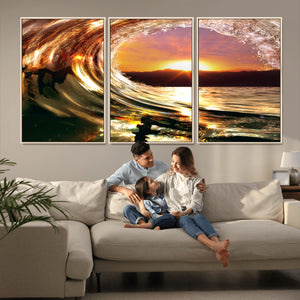 Golden Wave Sunset Triptych Canvas Art, Giclee Canvas Print