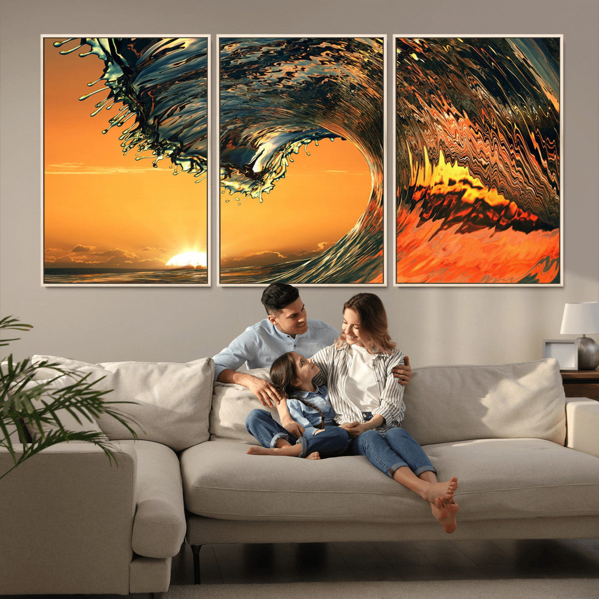 Surf Wave Sunset Canvas Wall Art Print, 3-Panel Ocean