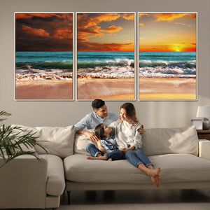 Golden Sunset Beach Canvas Wall Art – Triptych Seascape