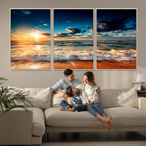 Golden Hour Sunset Over Ocean Waves Wall Art Canvas Print |