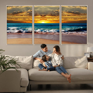 Ocean Sunrise Over Golden Beach Waves, Giclee Canvas Wall