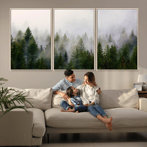 Misty Pine Forest Wall Art Canvas Print | 3 Panel Green