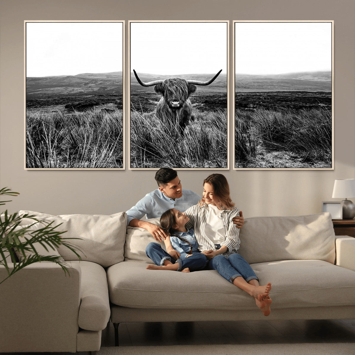 Black and White Highland Cow Canvas Wall Art, Longhorn