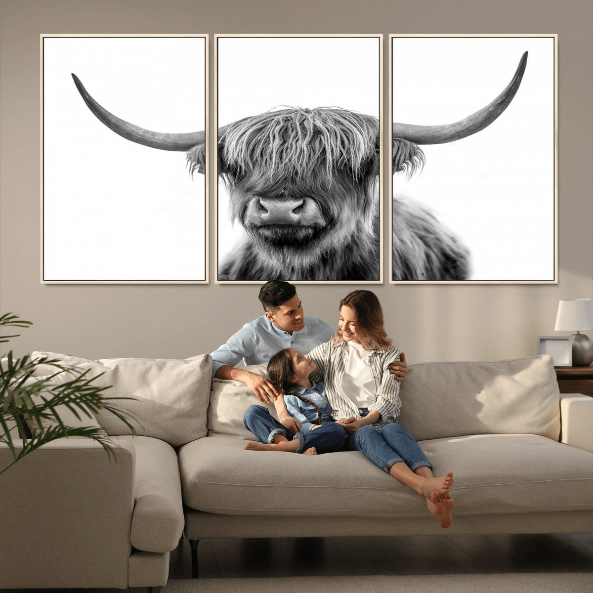 Grayscale Scottish Highland Cow Cattle Art Print Farmhouse