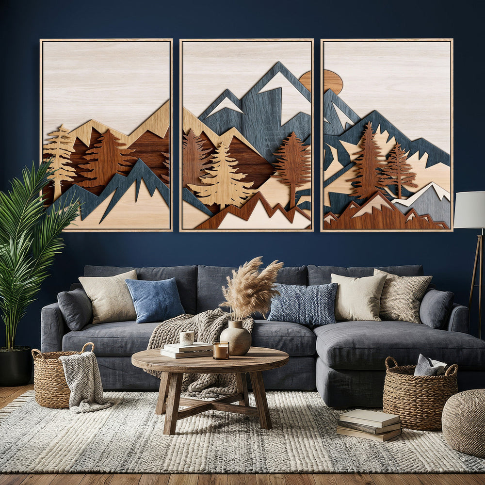 Woodland Mountain Landscape Triptych, Giclee Canvas Art for