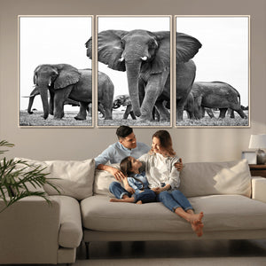 Black White Elephant Family Wall Art Canvas Print