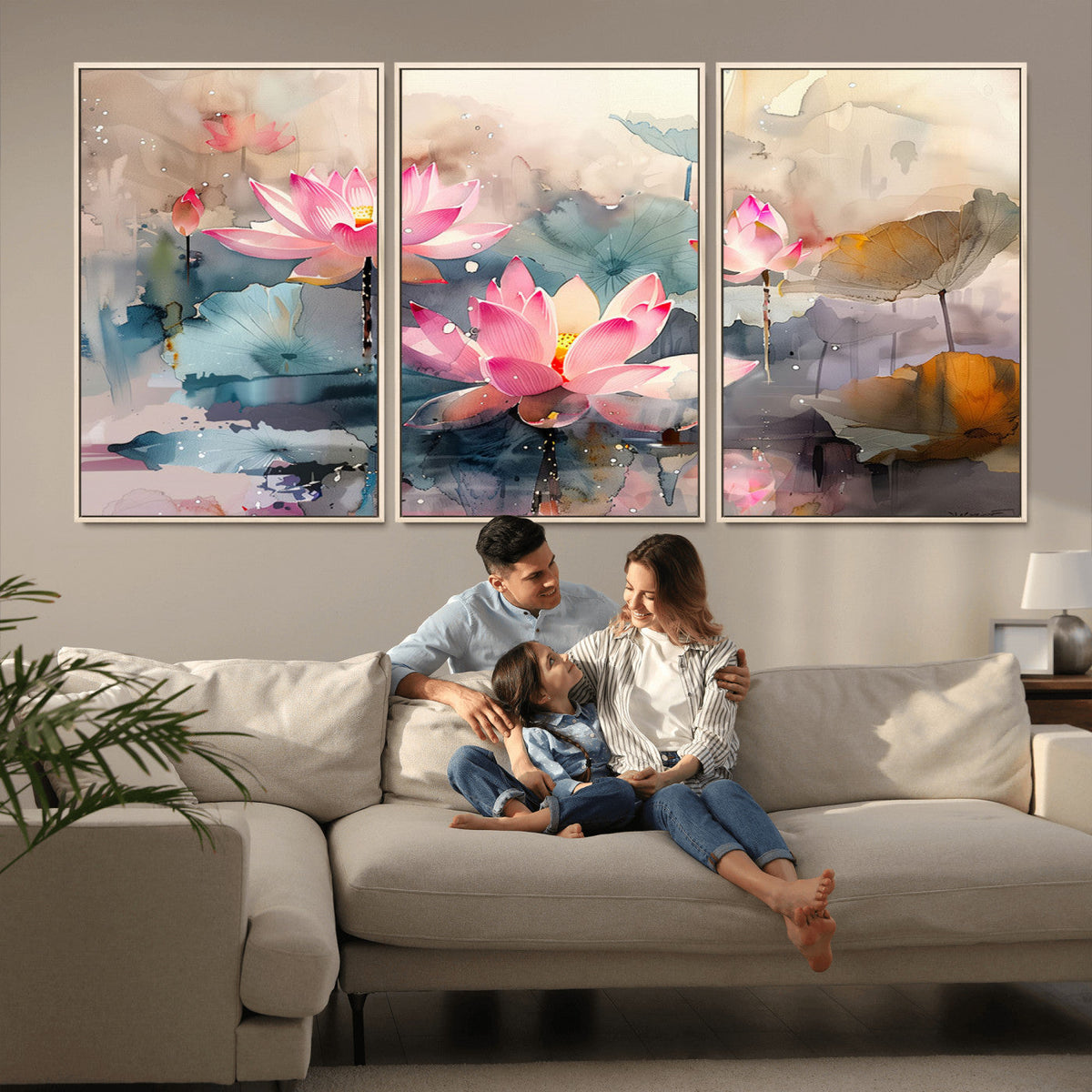 Lotus Flower Wall Art | 3-Panel Giclee Canvas Print of Pink