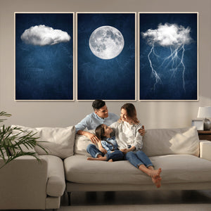 Dark Blue Cloud Art, 3 Piece Indigo Blue Wall Art, Aesthetic