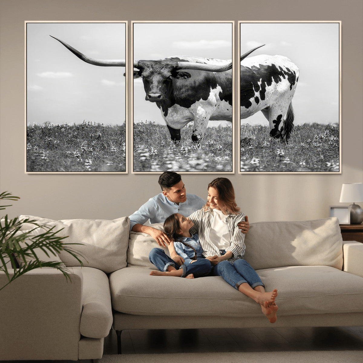Texas Black White Highland Longhorn Cow Wall Art Canvas