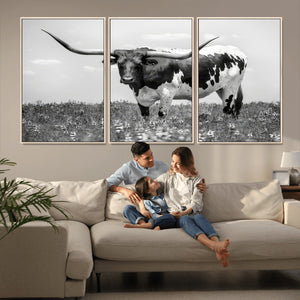 Texas Black White Highland Longhorn Cow Wall Art Canvas