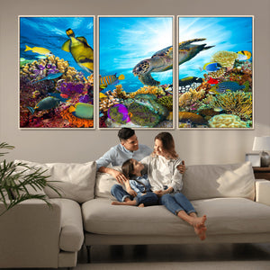 Colorful Coral Reef and Sea Life Turtle Canvas Print,