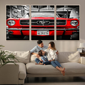 Red Mustang Car Wall Art – Framed Classic Vehicle Canvas