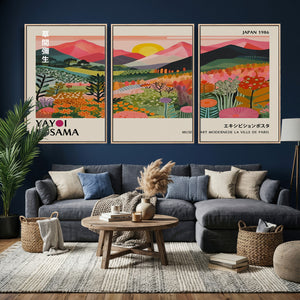 Yayoi Kusama Landscape Canvas Print, Vibrant Floral Mountain Art Print, Framed Botanical Wall Art -