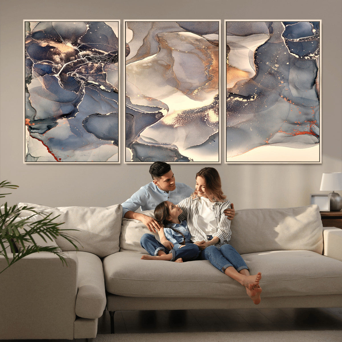 Abstract Blue and Gold Wall Art - Fluid Ink Artwork - Modern