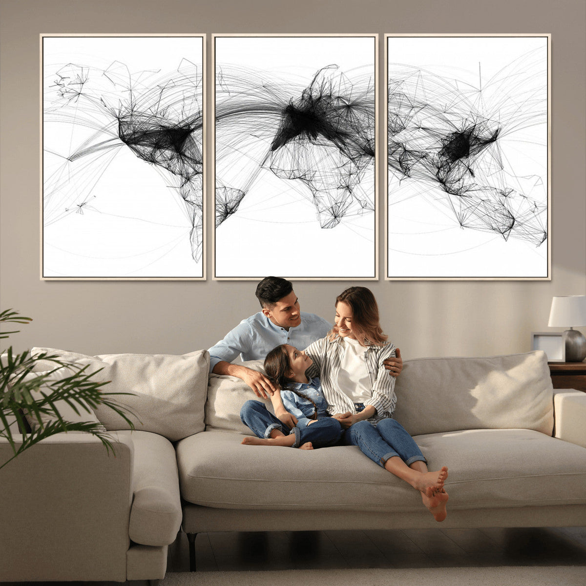Abstract World Map Wall Art – Framed Geometric Line Canvas