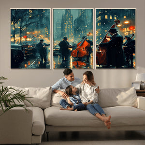 Urban Night Jazz Wall Art Canvas Print – Moody Rain-Soaked